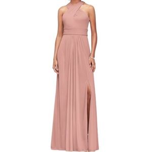 Floor length soft pink cross cross neck mesh dress. Keyhole back.